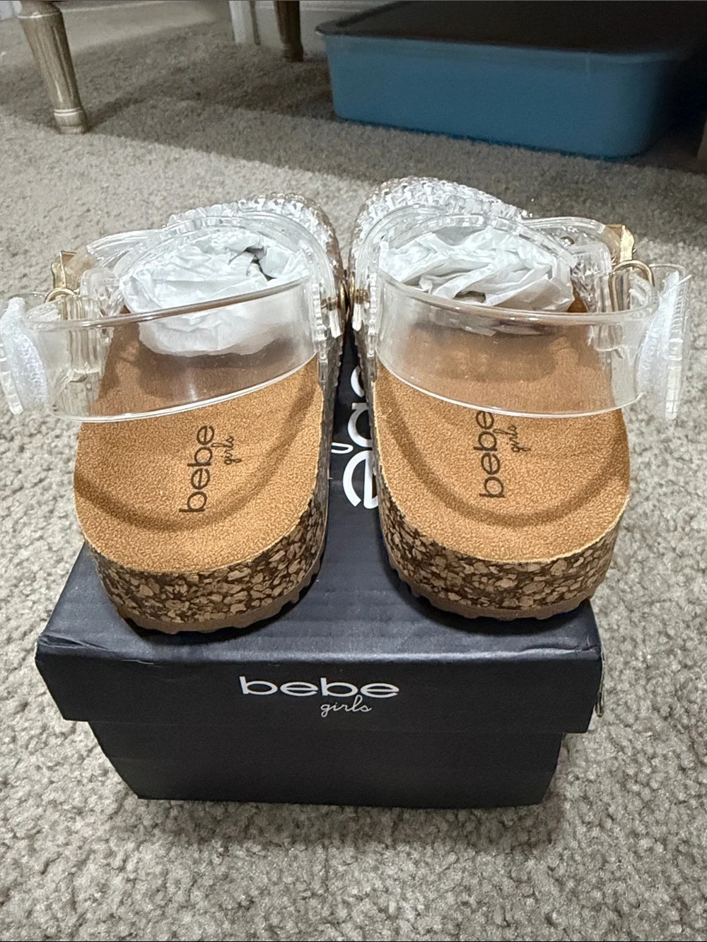 bebe Girls Clear Woven Jelly Platform Mules with Gold Accents